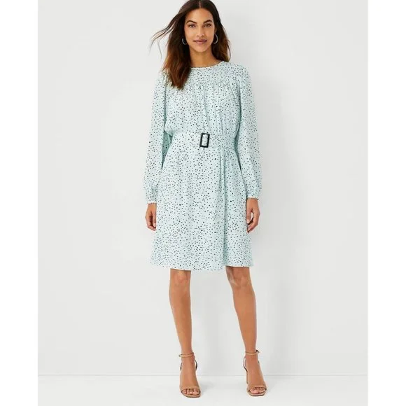 NEW XS Speckled Ann Taylor Flecked Belted Flare Dress Spring Dew Mint Green  0-2